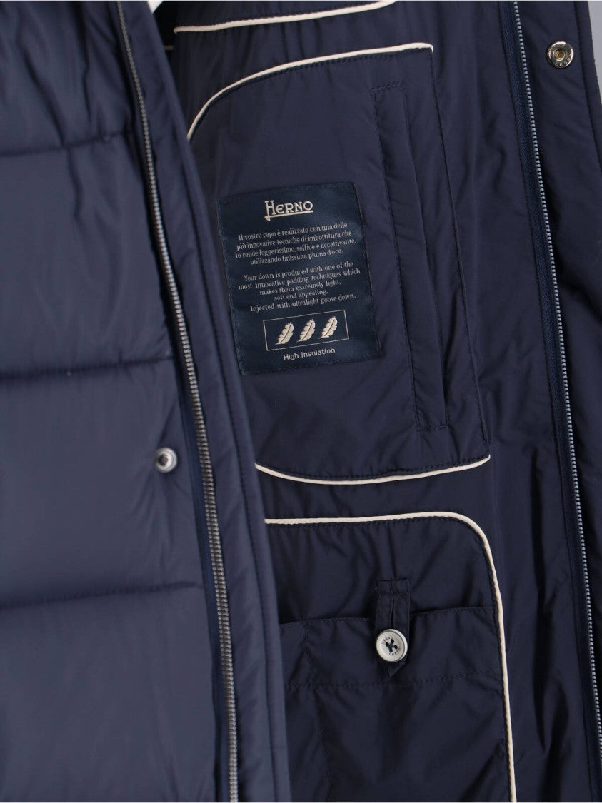 Herno Long Navy Padded Quilted Jacket With Detachable Hood