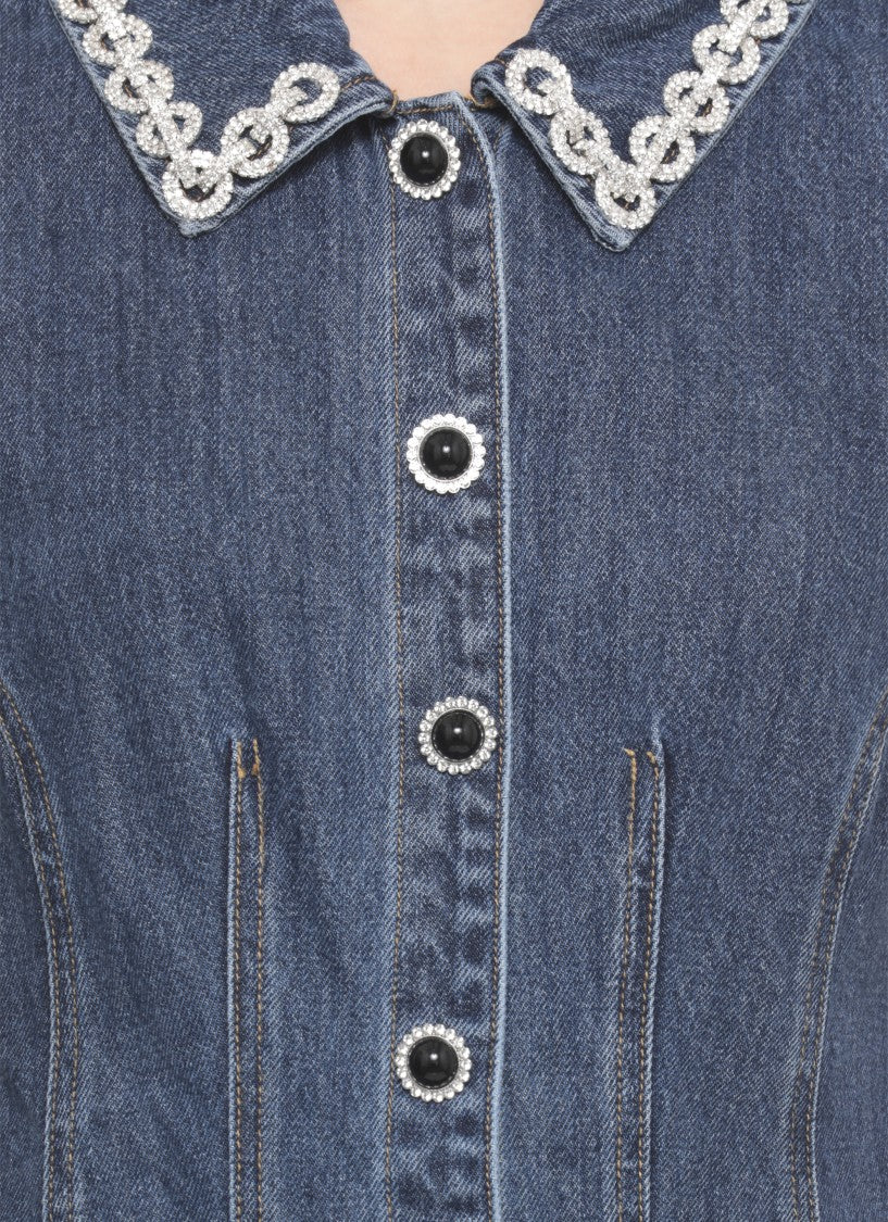 Self-Portrait Fitted Denim Dress With Strass-Detail Collar