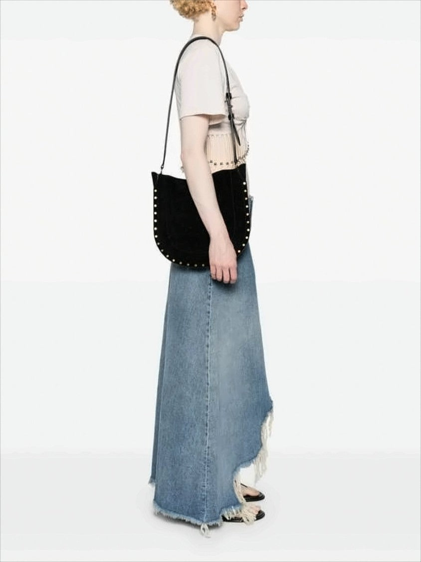 Isabel Marant Curved Black Suede Shoulder Bag With Gold-Tone Studs