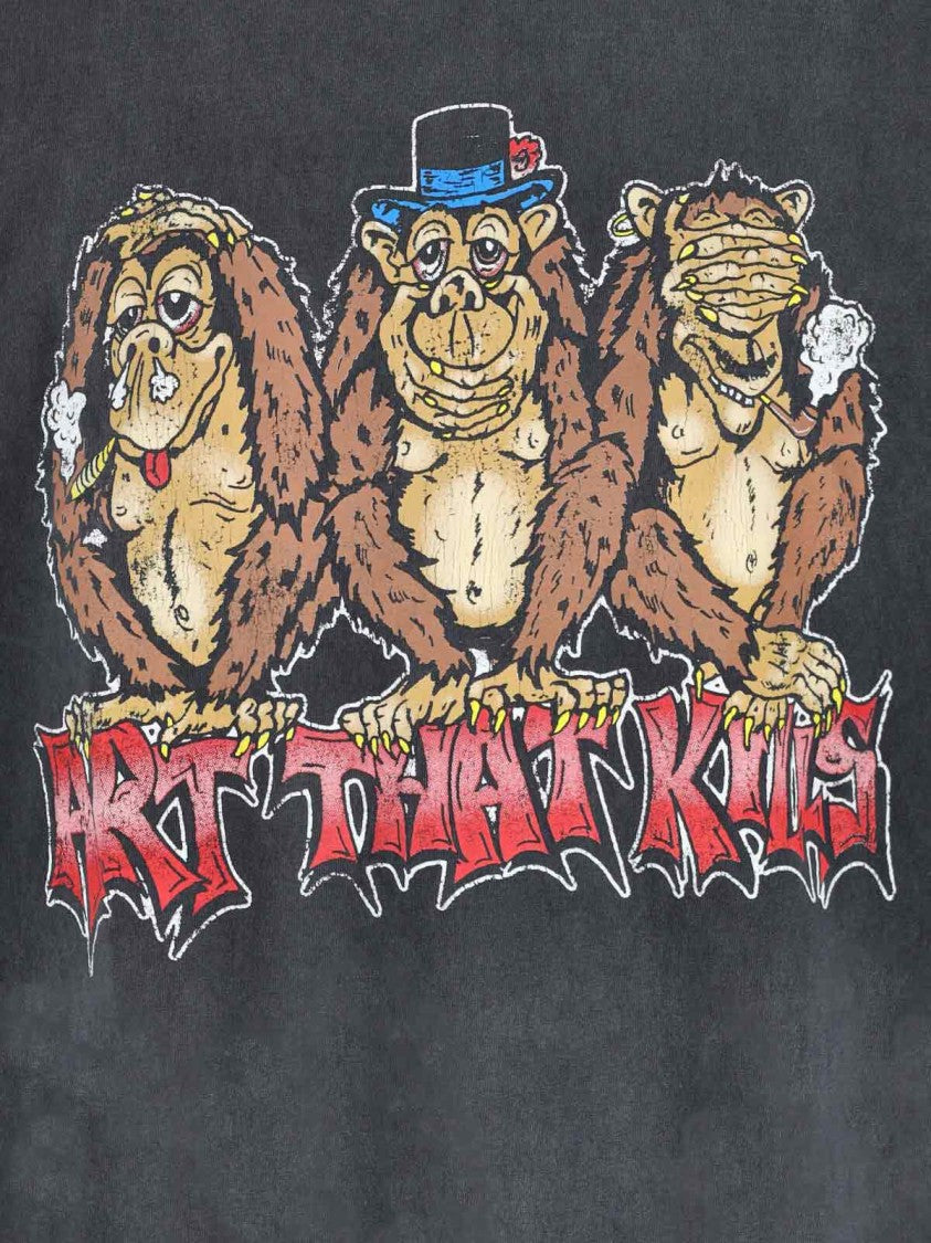 Gallery Dept. Worn Grey Cotton T-Shirt With Cartoon Graphic And Logo