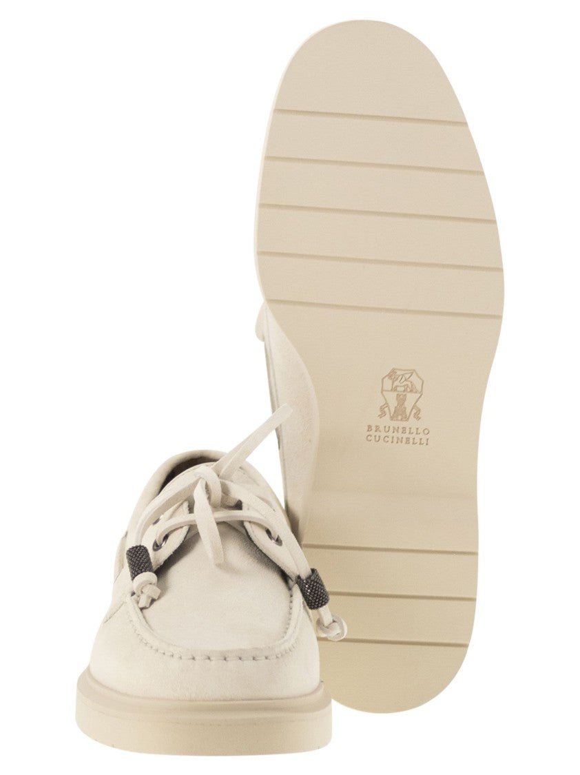 Brunello Cucinelli Penny Loafer Sail In Camoscio Con Shiny Aglets