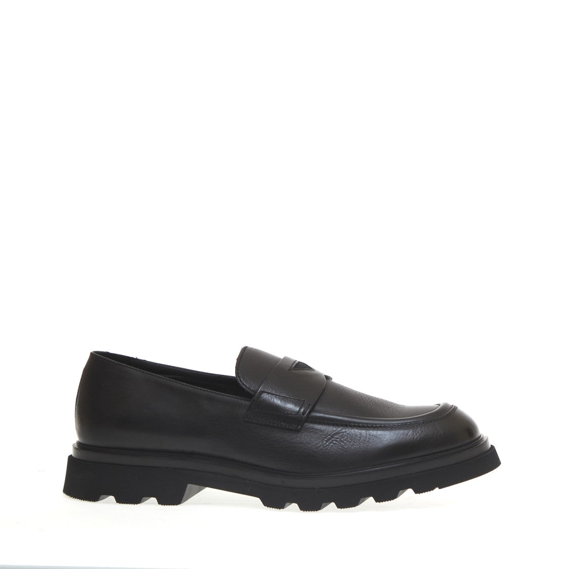 Doucal's Penny Moccasin Black Leather Heavy Rubber Bottom