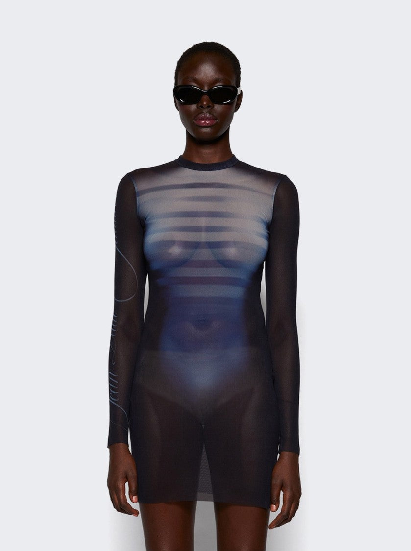 Jean Paul Gaultier Le Male Printed Mesh Crew Neck Short Dress Navy