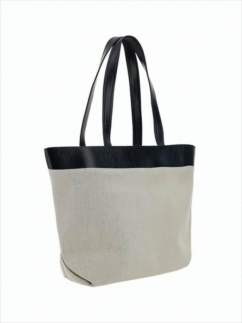 Ami Beige Canvas Tote Bag With Black Leather Trim