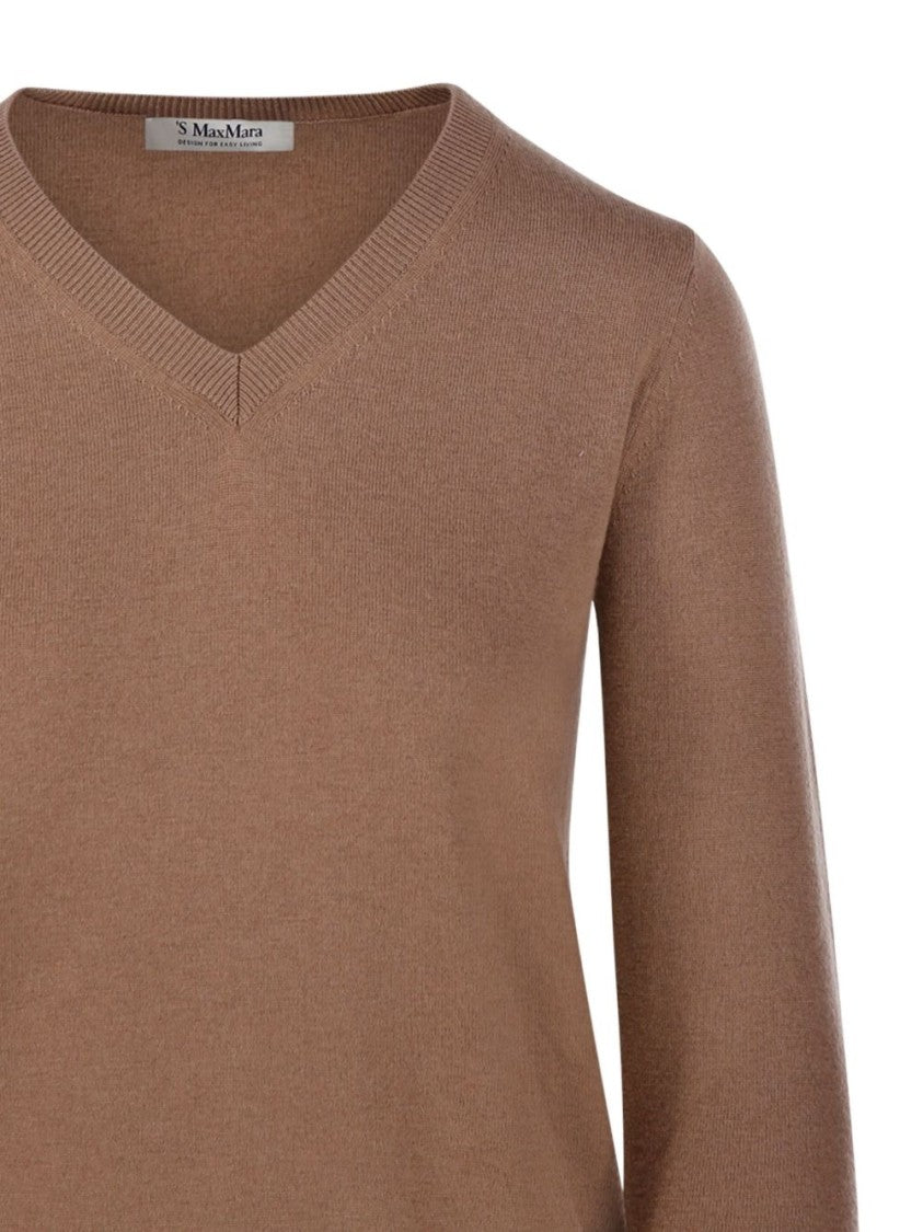 Max Mara Camel V-Neck Knit Sweater With Ribbed Cuffs