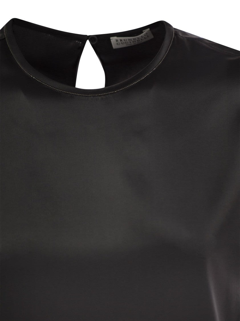 Brunello Cucinelli Stretch Silk Satin T-Shirt With Necklace