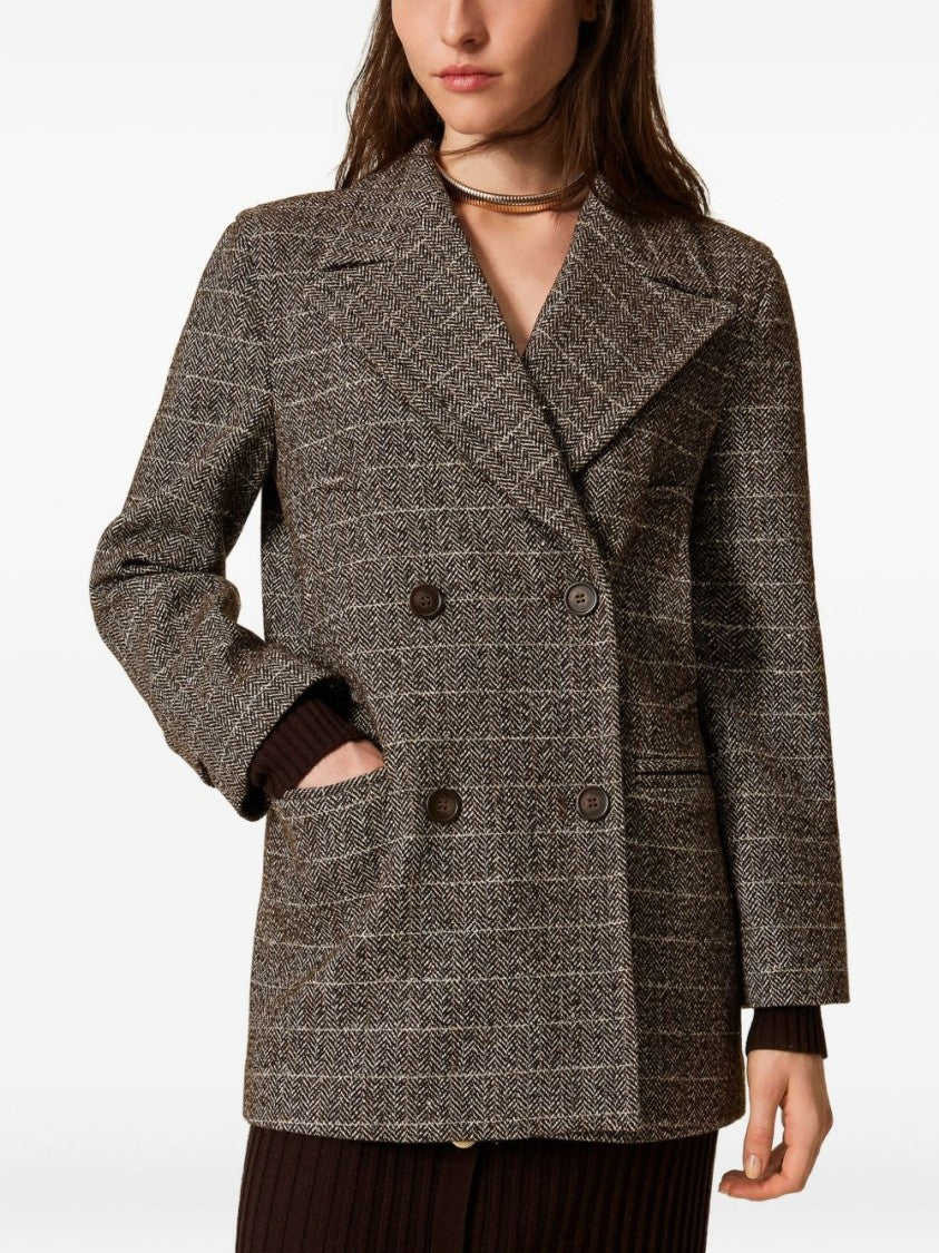 Twin-Set Double-Breasted Checkered Coat With Notched Lapel