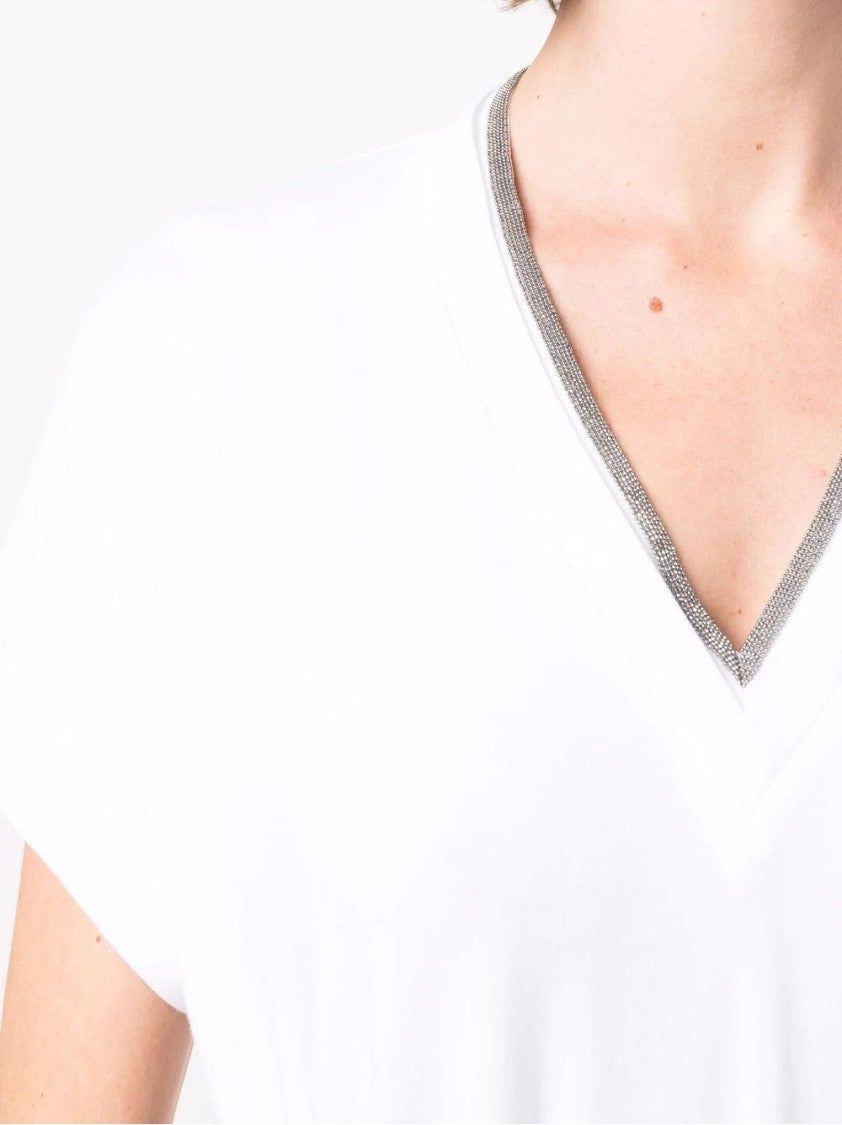 Brunello Cucinelli V-Neck Top With Rolled Sleeves And Metallic Trim