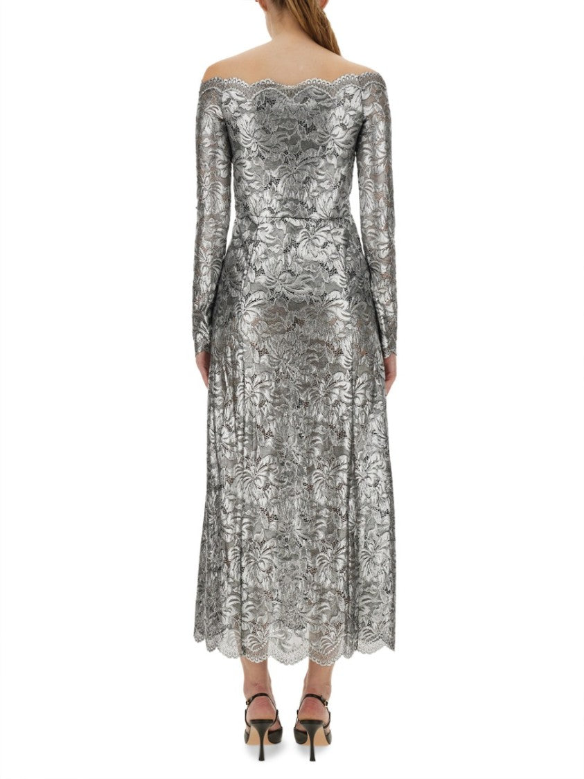 Rabanne Off-The-Shoulder Long Lace Dress With Floral Patterns