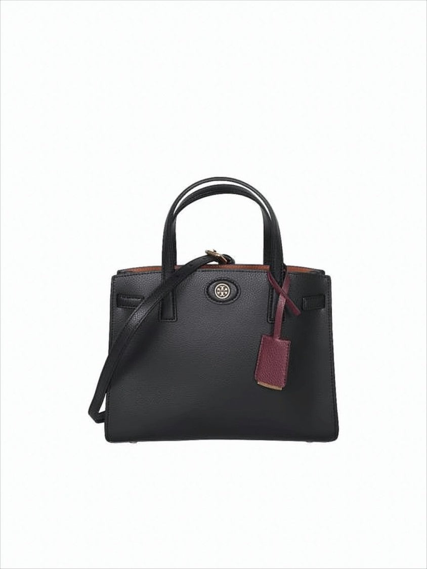 Tory Burch Textured Black Leather Shoulder Bag With Gold Emblem