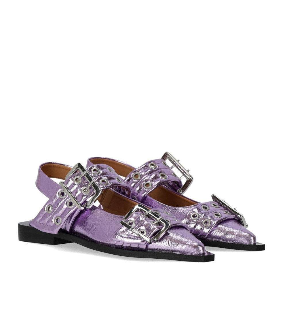 Ganni Lavender Slingback Ballet Flat Shoe With Buckles