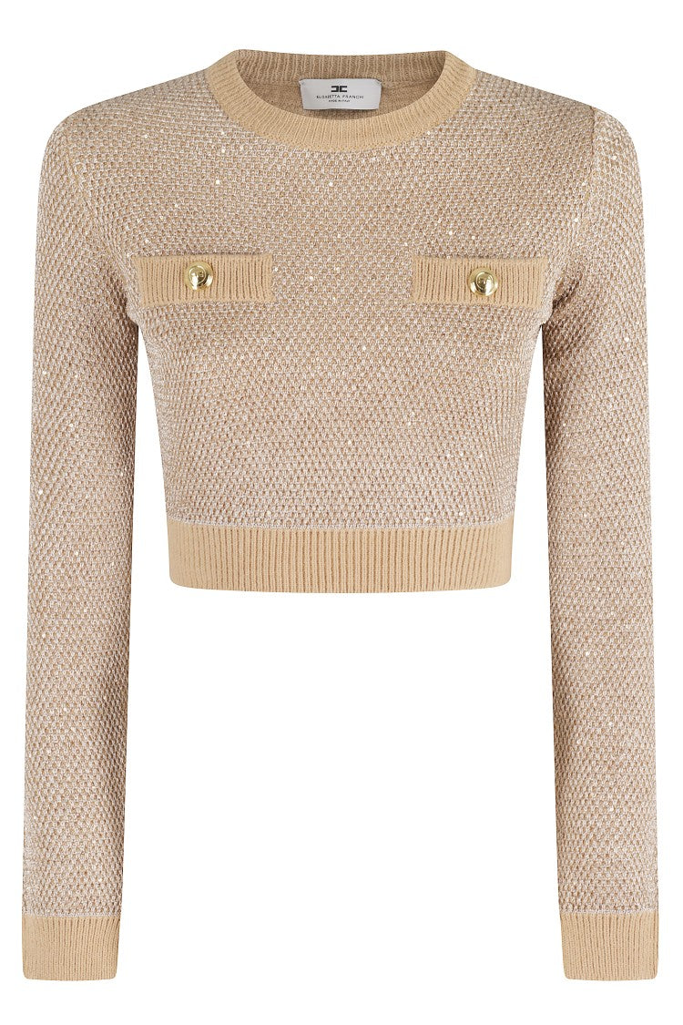 Elisabetta Franchi Cropped Honey Knit Sweater With All-Over Sequins