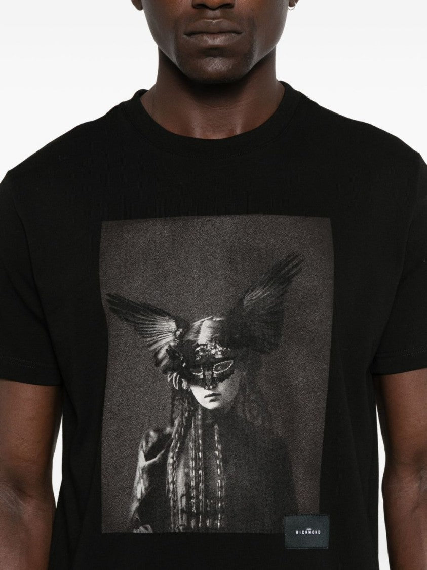 John Richmond Monochrome Graphic Print Black Cotton T-Shirt