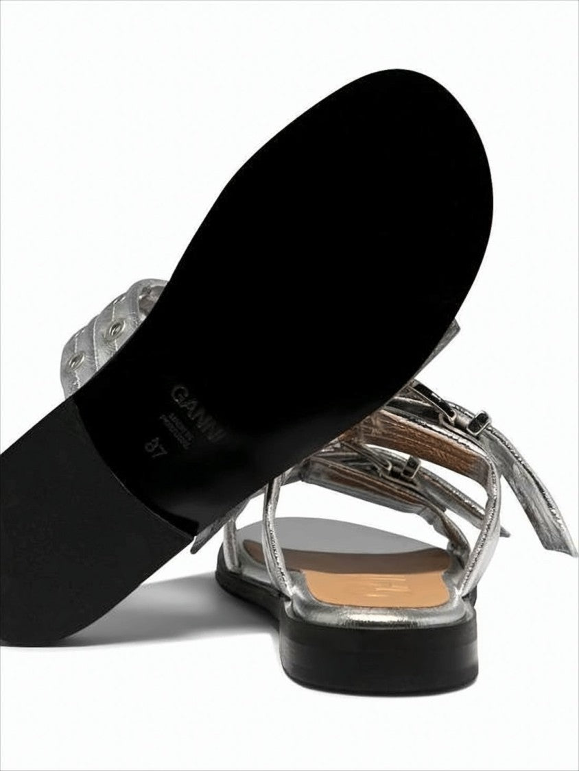 Ganni Metallic Silver Flat Mules With Wide Straps And Buckle Accents