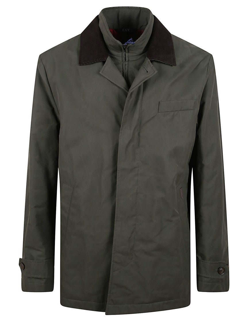 Fay Green Double-Front Cotton Jacket With Velvet Collar And Iconic Accents