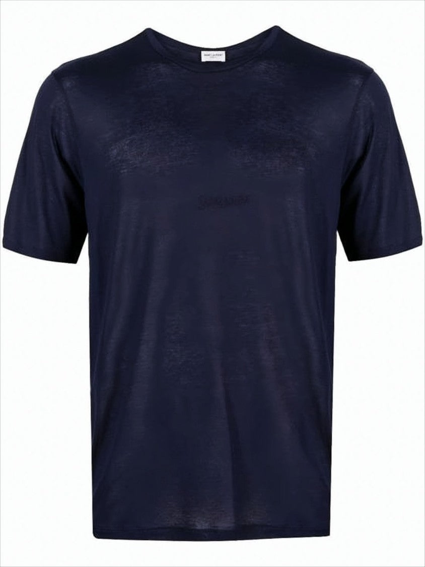 Saint Laurent Embroidered Logo Blue Rayon T-Shirt