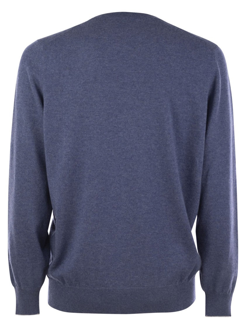 Brunello Cucinelli Rib Knit Cashmere Sweater With Contrasting Piping