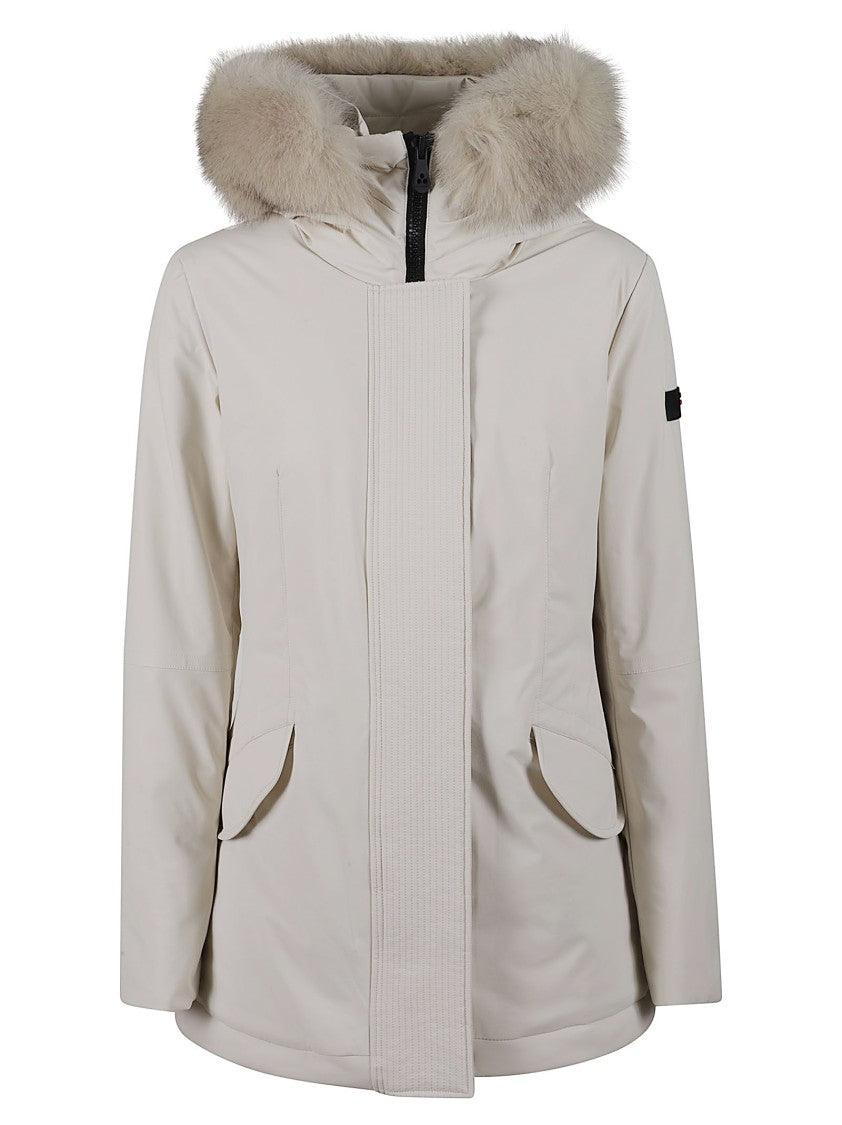 Peuterey Tailored Beige Velvet Coat With Plush Fur Trim