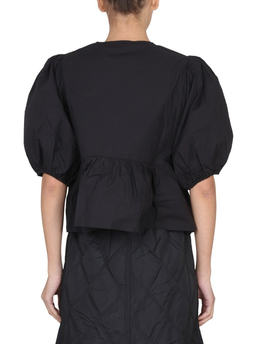 Ganni Cropped Black Poplin Top