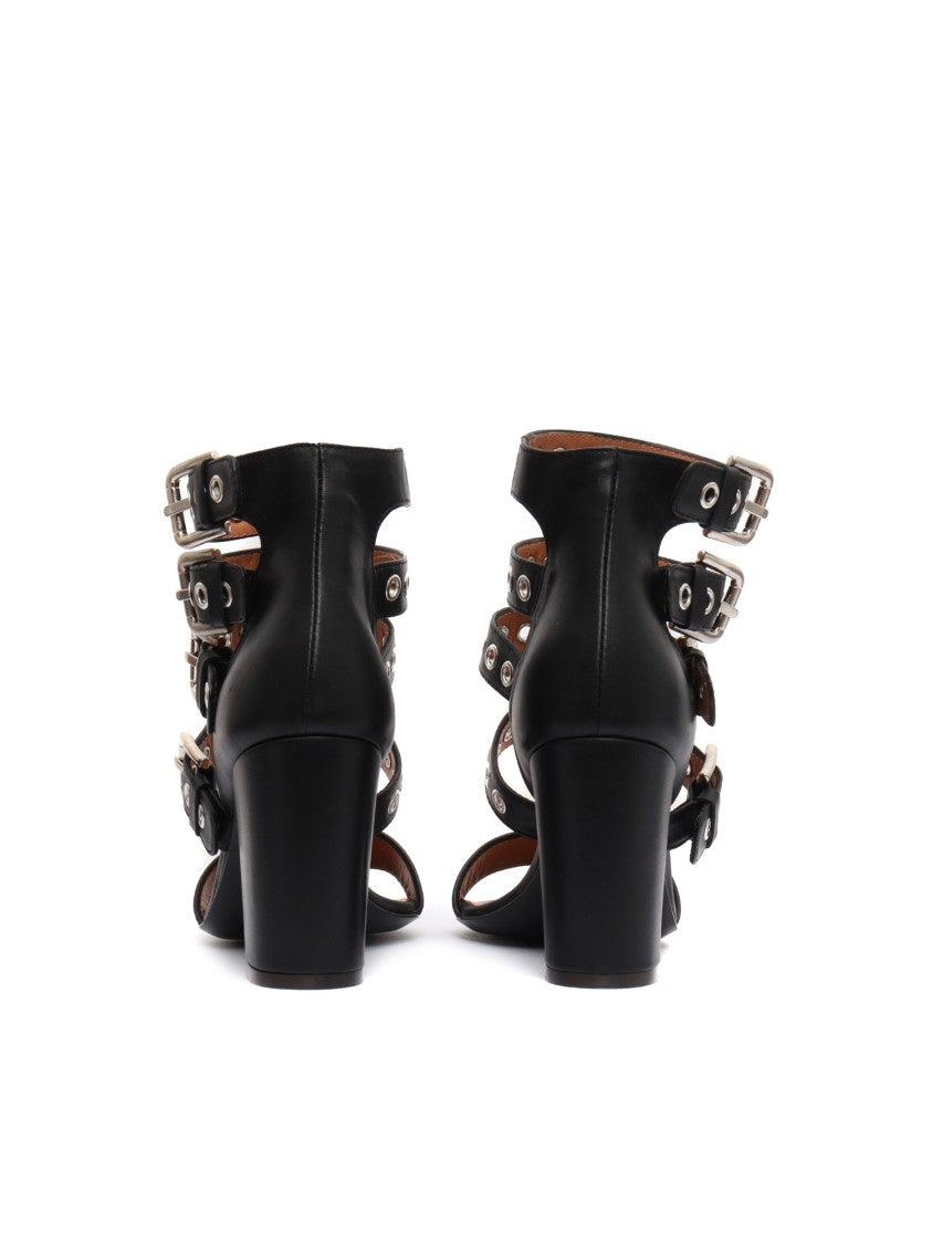 Via Roma 15 Black Leather Sandals With Four Adjustable Straps