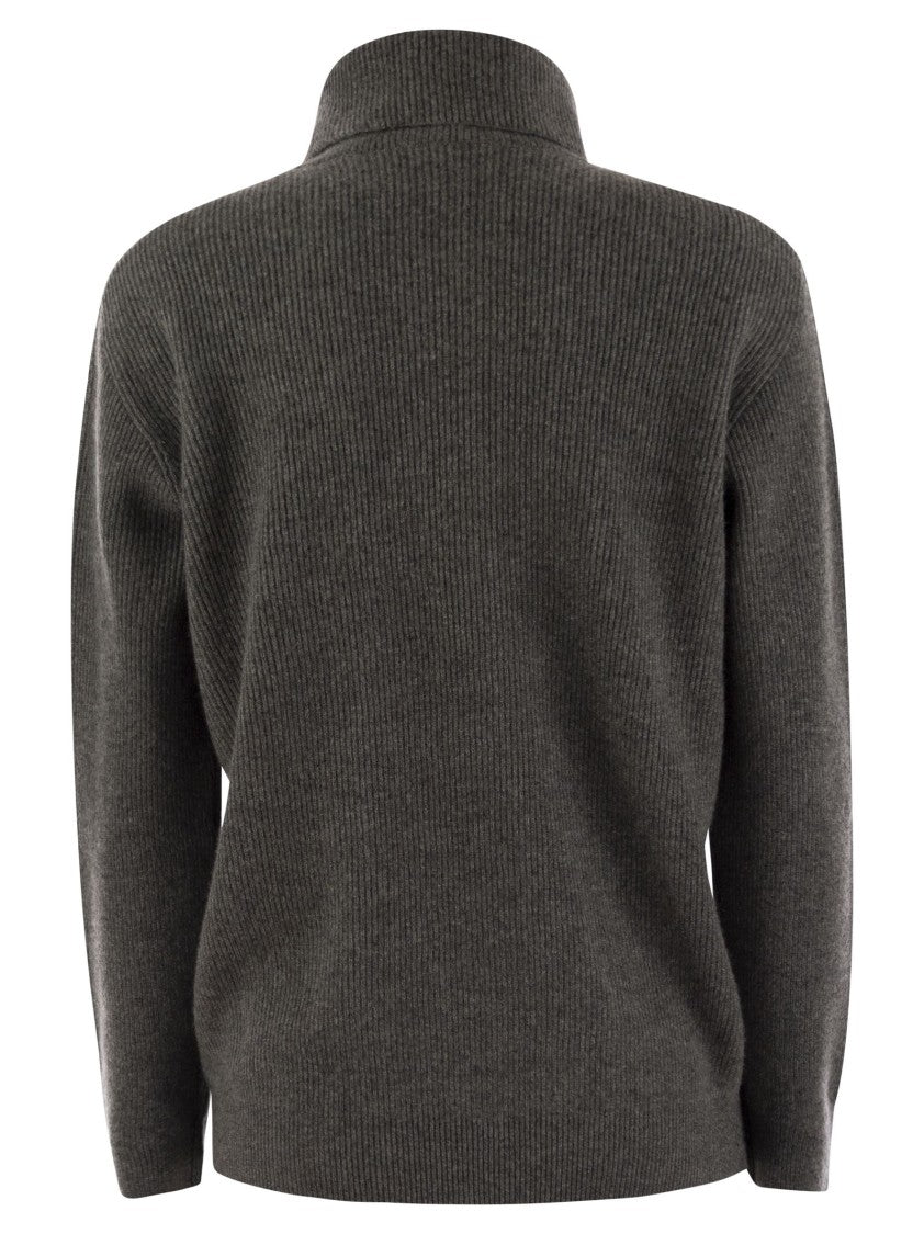 Brunello Cucinelli High Neck English Rib Cashmere Turtleneck Sweater