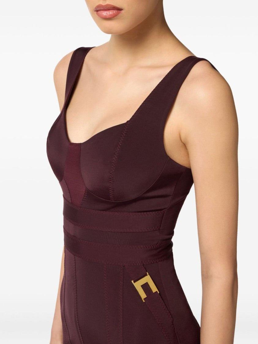 Elisabetta Franchi Structured Burgundy Midi Dress With Sweetheart Neckline