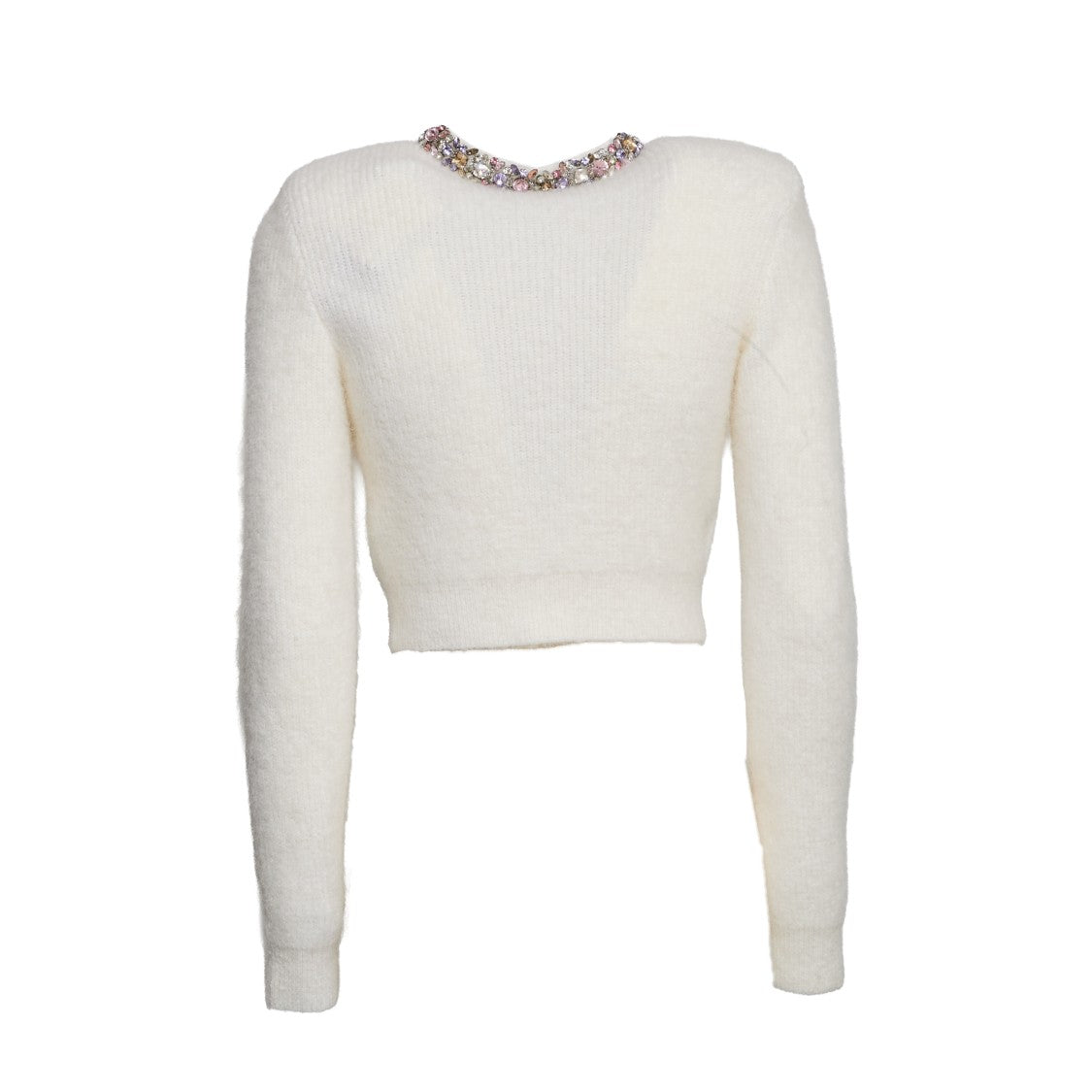 Self-Portrait Cropped Cream Cardigan With Diamond-Embellished Neckline