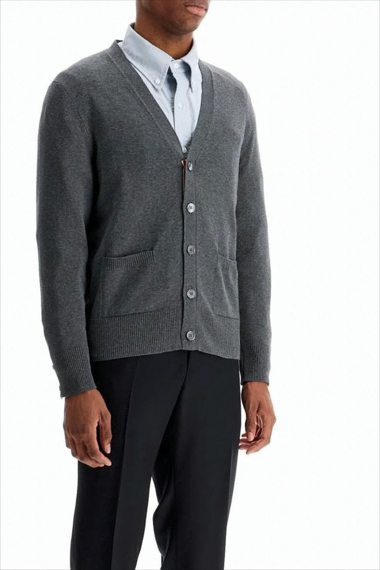 Thom Browne V-Neck Cotton Cardigan With Ribbed Cuffs And Subtle Stripes