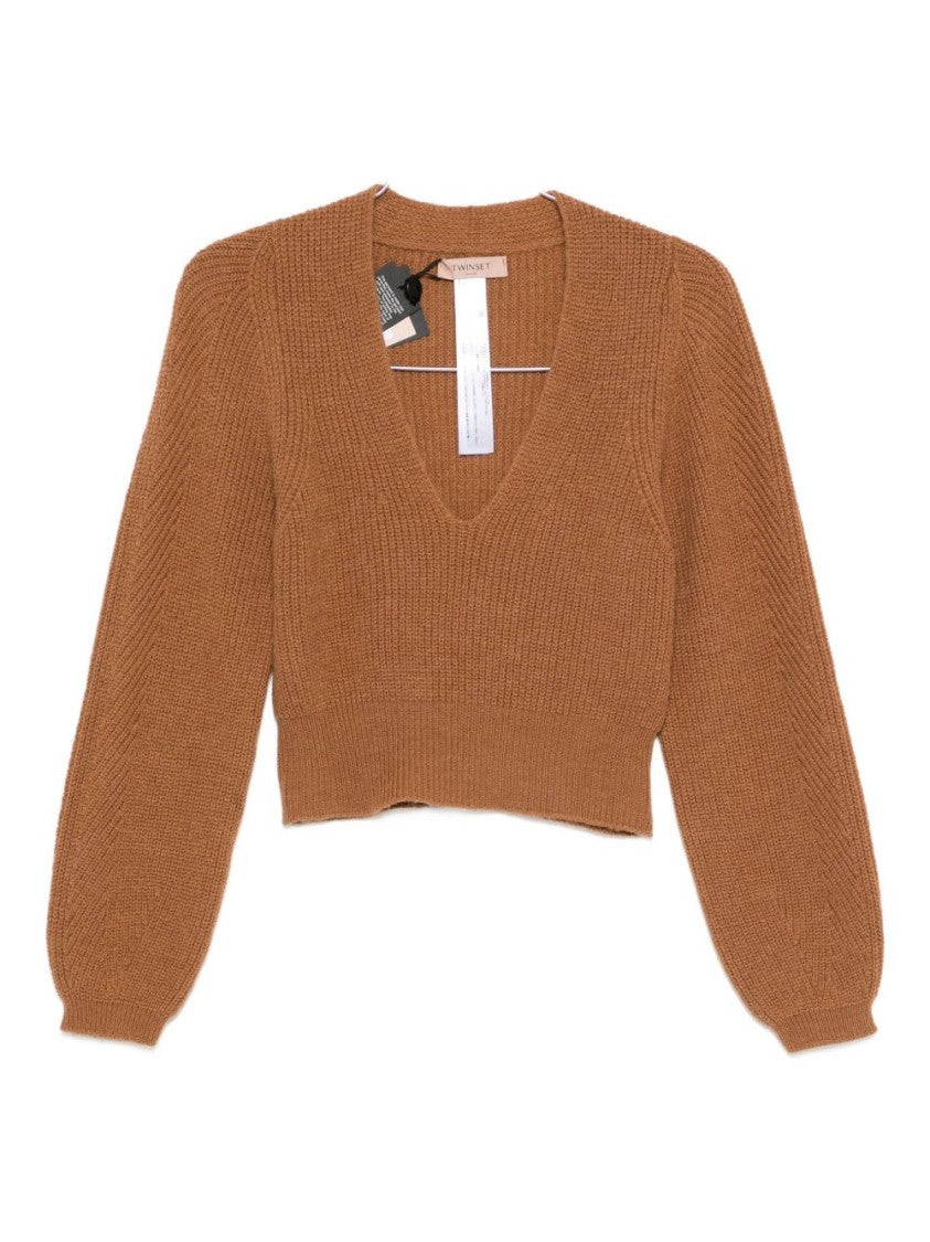 Twin-Set Cropped Sweater With Deep V-Neckline And Ribbed Texture