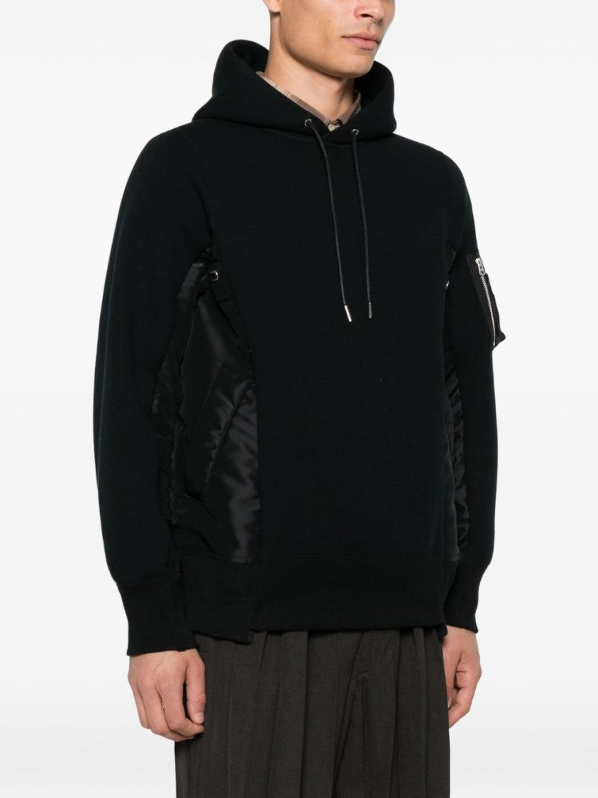 Sacai Black Hoodie With Shiny Fabric Panels And Zippered Pocket