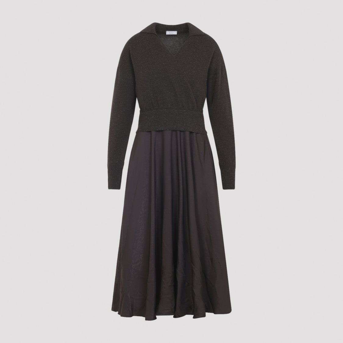 Peserico Ebony Brown Two-Fabric Midi Dress With Pointed Collar