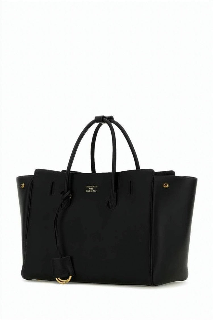 Balenciaga Structured Black Lambskin Shoulder Bag With Gold Accents