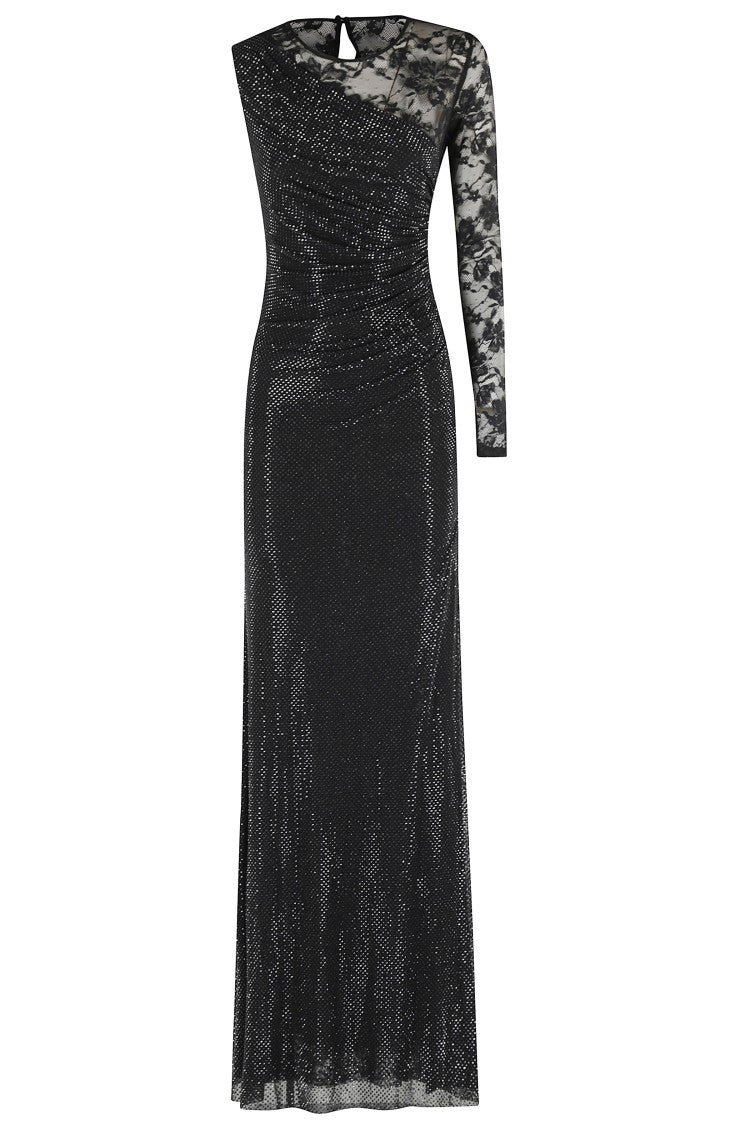 Self-Portrait Rhinestone Lace Sleeve Maxi Dress With Draped Front And Side Slit