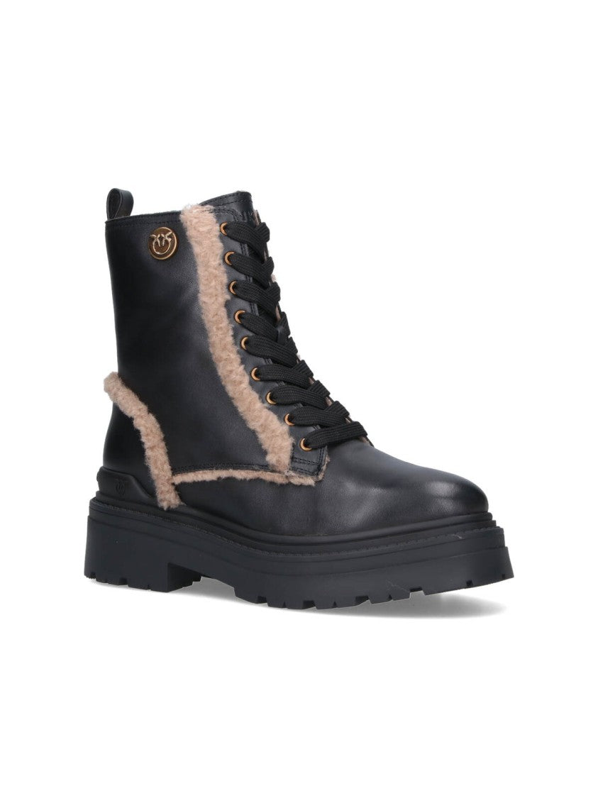 Pinko Black Leather Ankle Boots With Beige Shearling Details