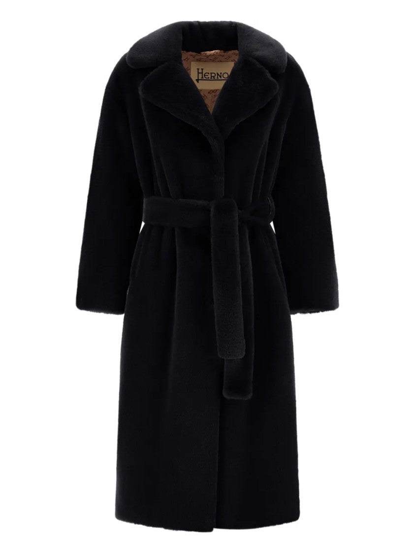 Herno Mid-Length Belted Coat With Plush Texture