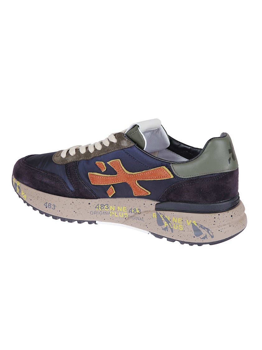 Premiata Low-Top Sneakers With Blue Technical Fabric And Green Leather Accents