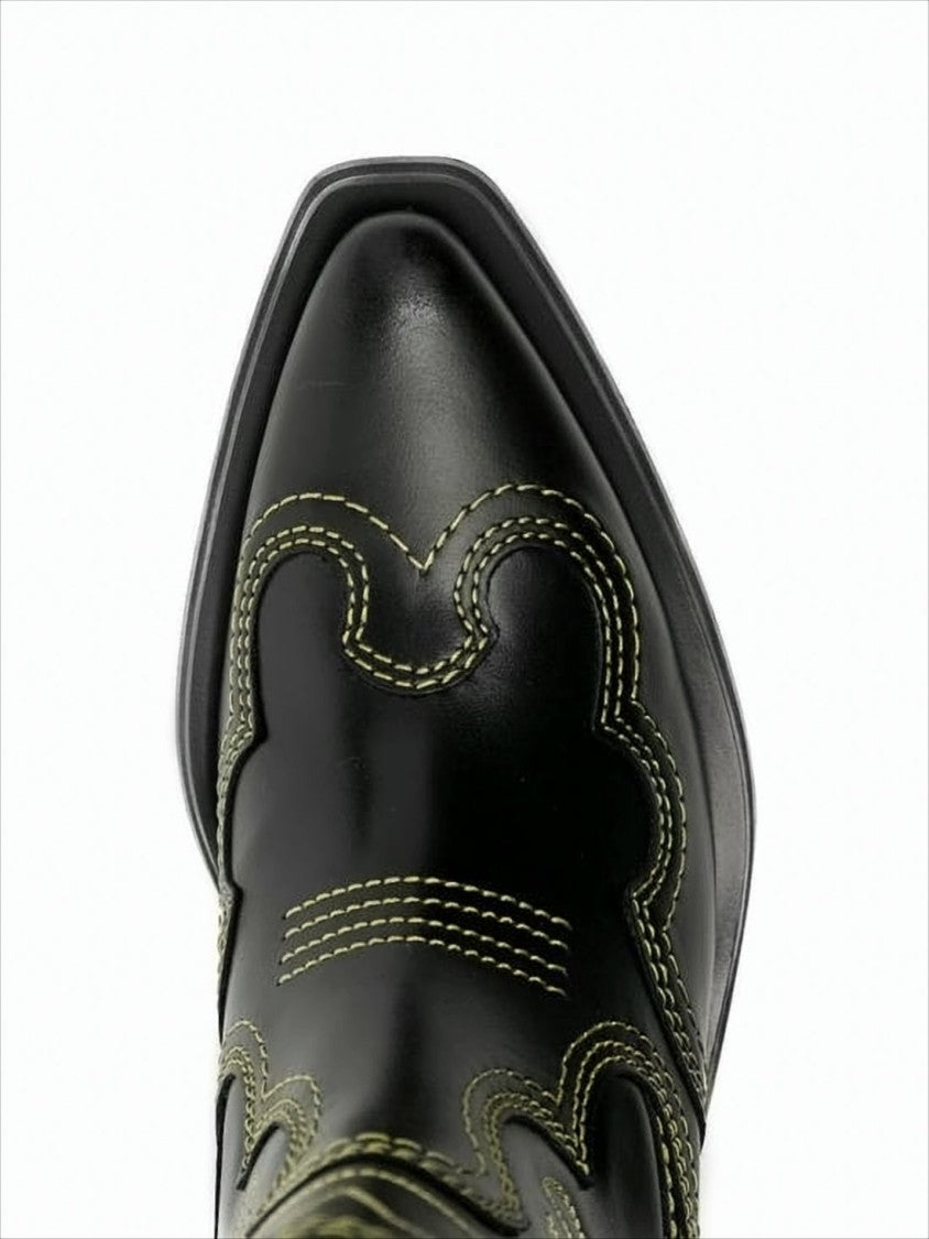 Ganni Mid-Calf Black Leather Boots With Western-Inspired Detailing