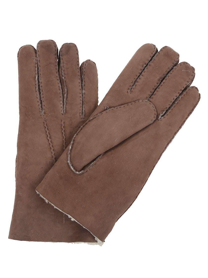 Eleventy Brown Suede Gloves With Shearling Lining And Refined Hem