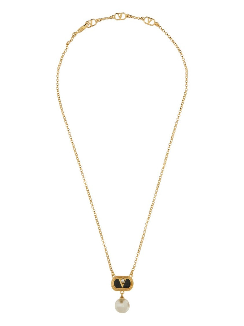 Valentino Garavani Metal "Ovalette" Necklace With Enamel, Crystal And Swarovski Pearl