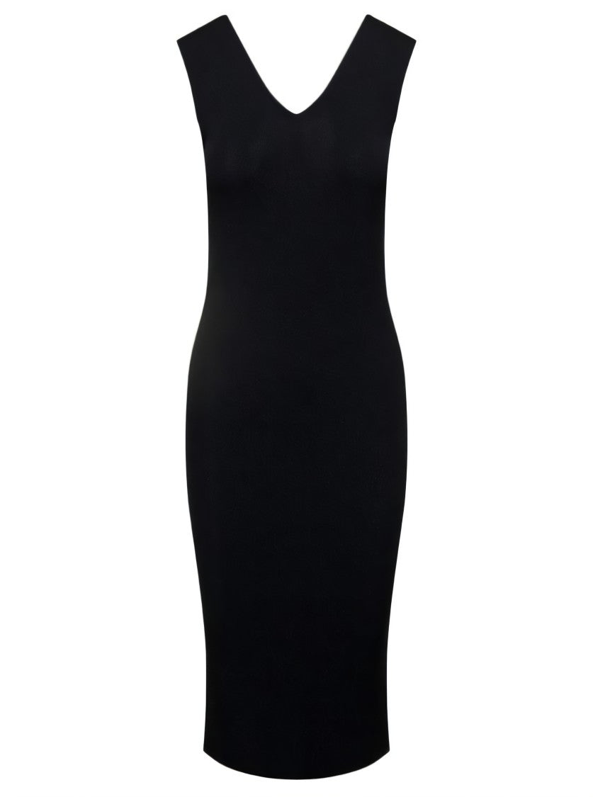 Moncler Fitted Black Midi Dress With Deep V-Neckline