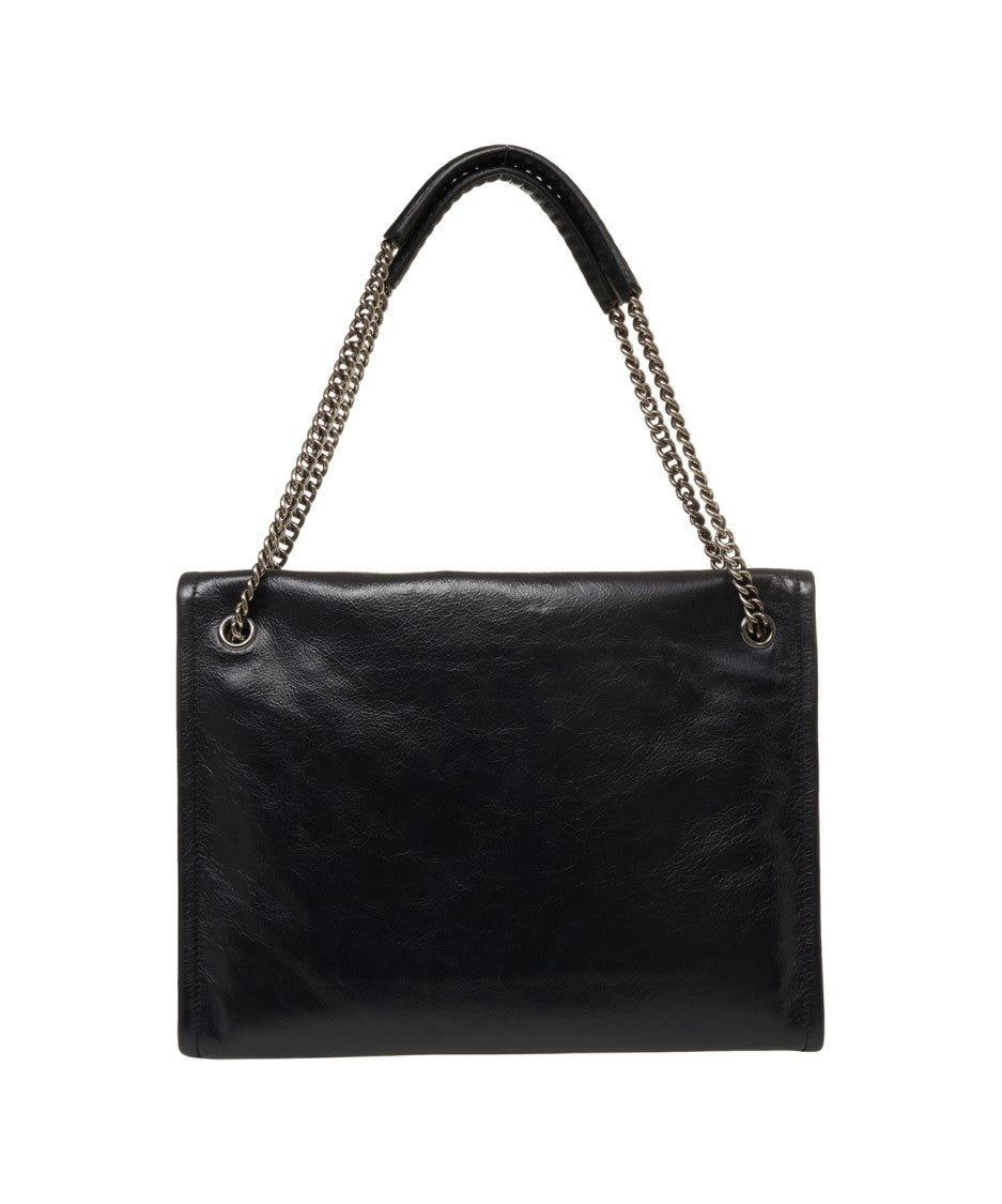 Orciani Polished Black Smooth Leather Shoulder Bag With Chain Straps