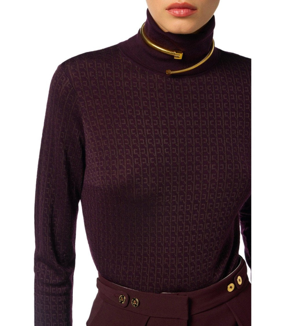 Elisabetta Franchi Monogram Jacquard Turtleneck Sweater In Merlot Shade