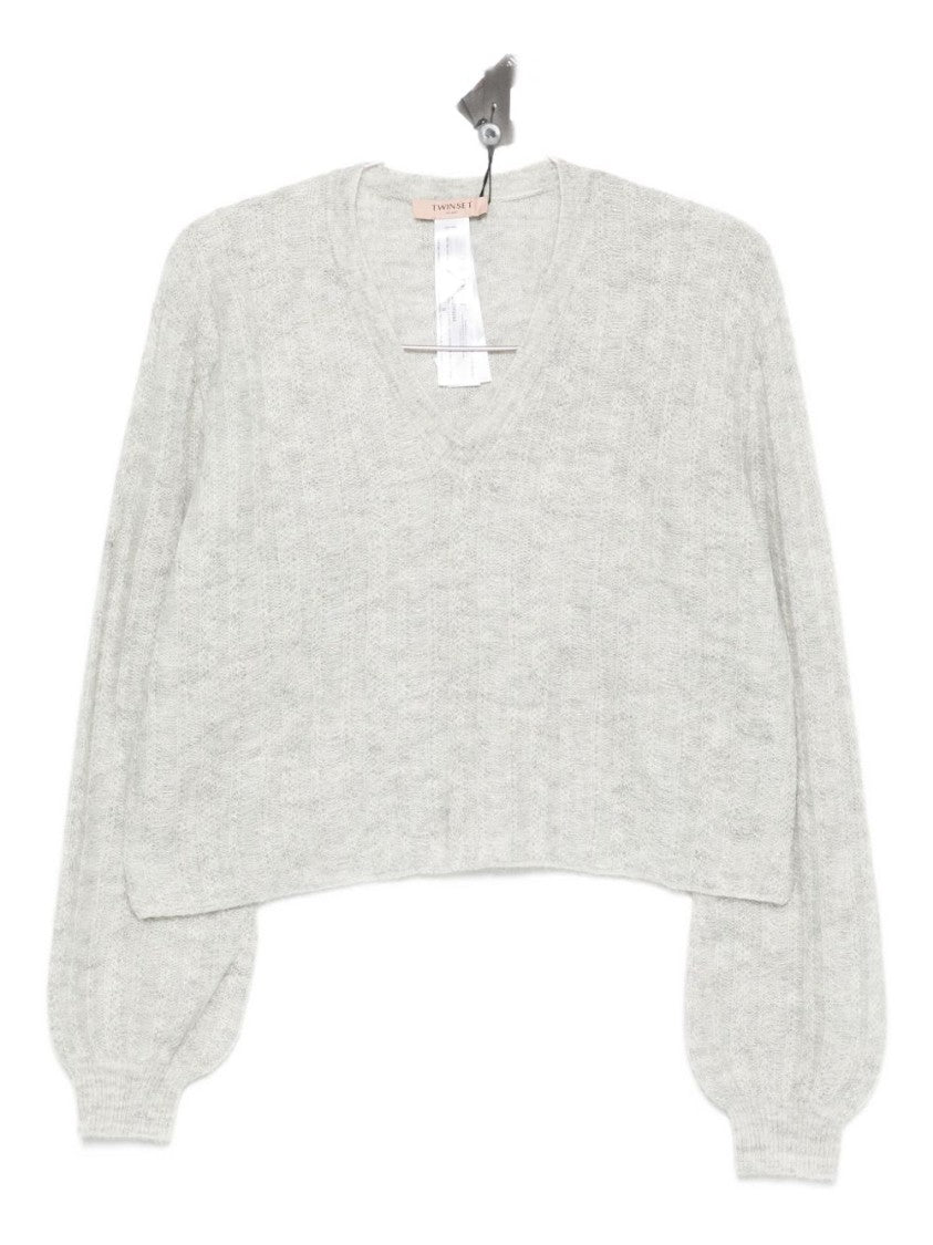 Twin-Set Cropped V-Neck Sweater With Balloon Sleeves And Textured Knit