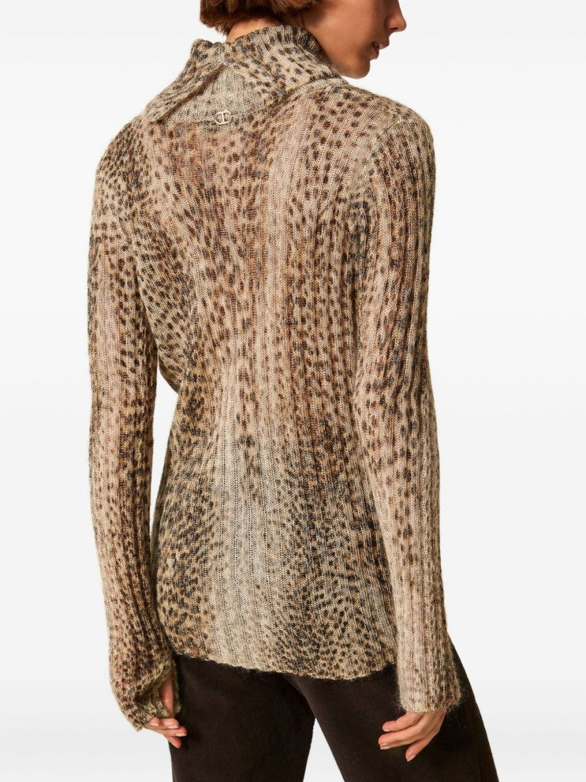 Twin-Set Ribbed Knit Sweater With Animal-Inspired Pattern