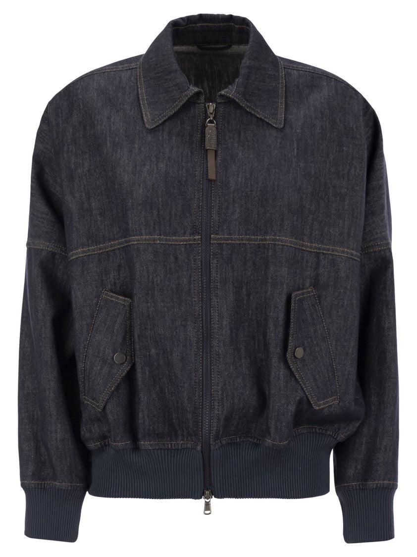 Brunello Cucinelli Denim-Effect Twill Bomber Jacket With Shiny Zip
