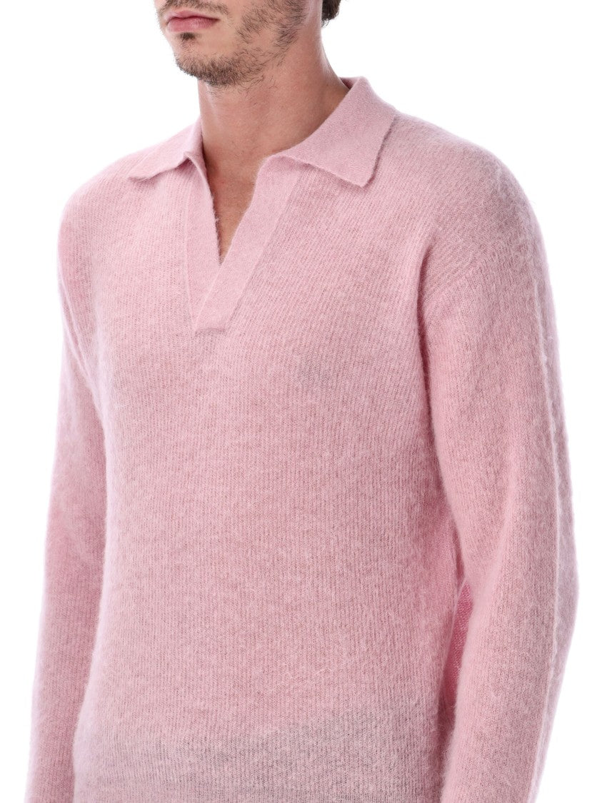 Auralee Ribbed Polo Sweater With Buttoned Placket And Textured Knit