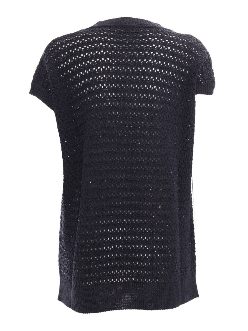 Fabiana Filippi Sequin Striped Crochet V Neck Cape Sleeve Sweater