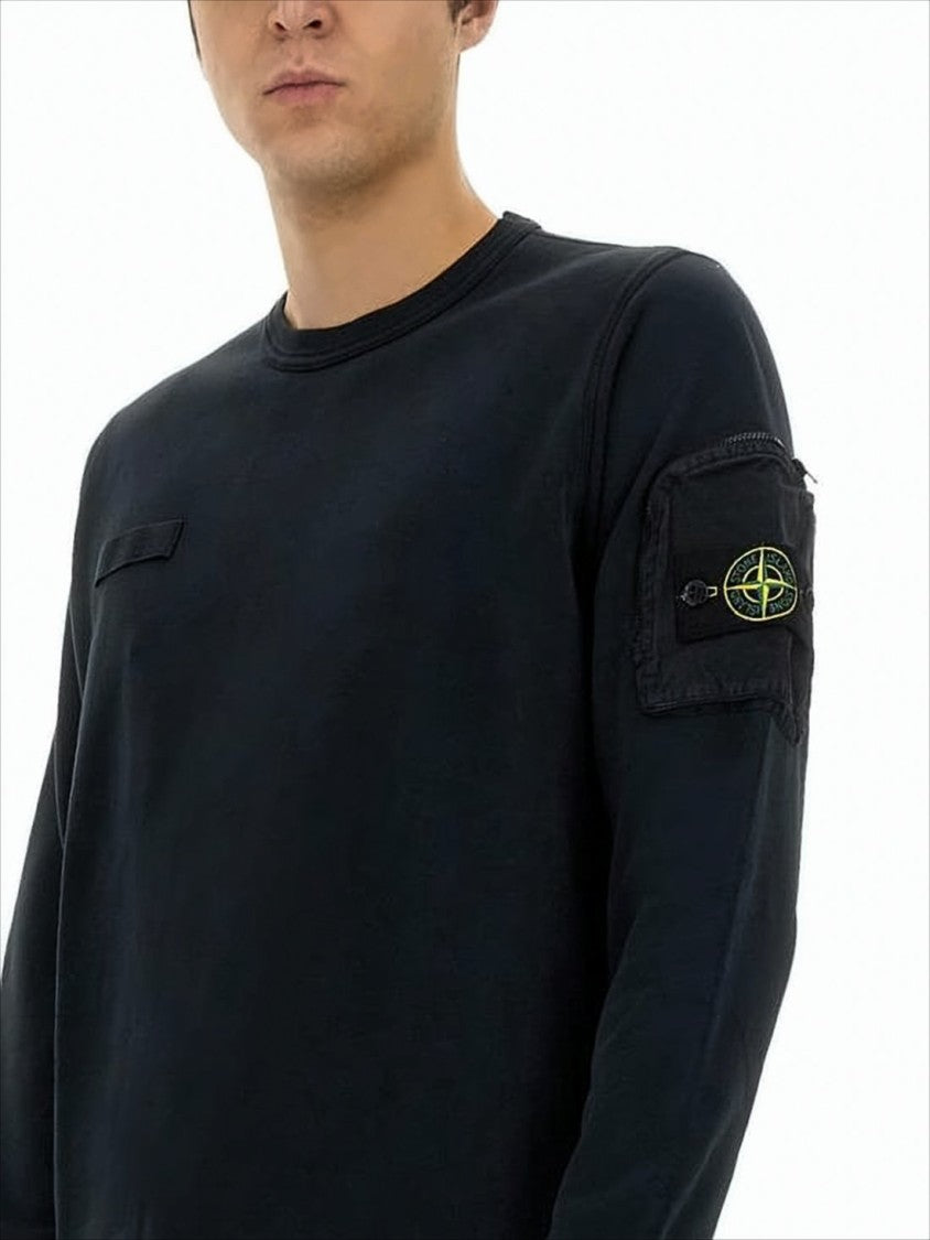 Stone Island Long-Sleeve Black Cotton T-Shirt With Logo-Badge Sleeve Pocket