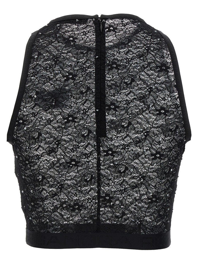 Alessandra Rich Rhinestone Appliqué Lace Top With Crew Neck