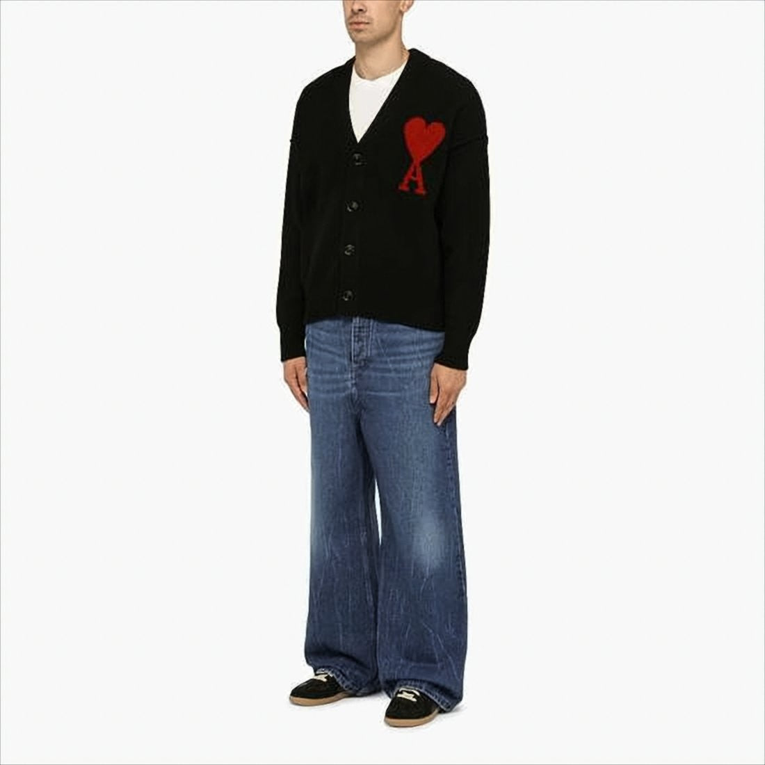 Ami Wool Cardigan With Deep V-Neckline And Heart Motif